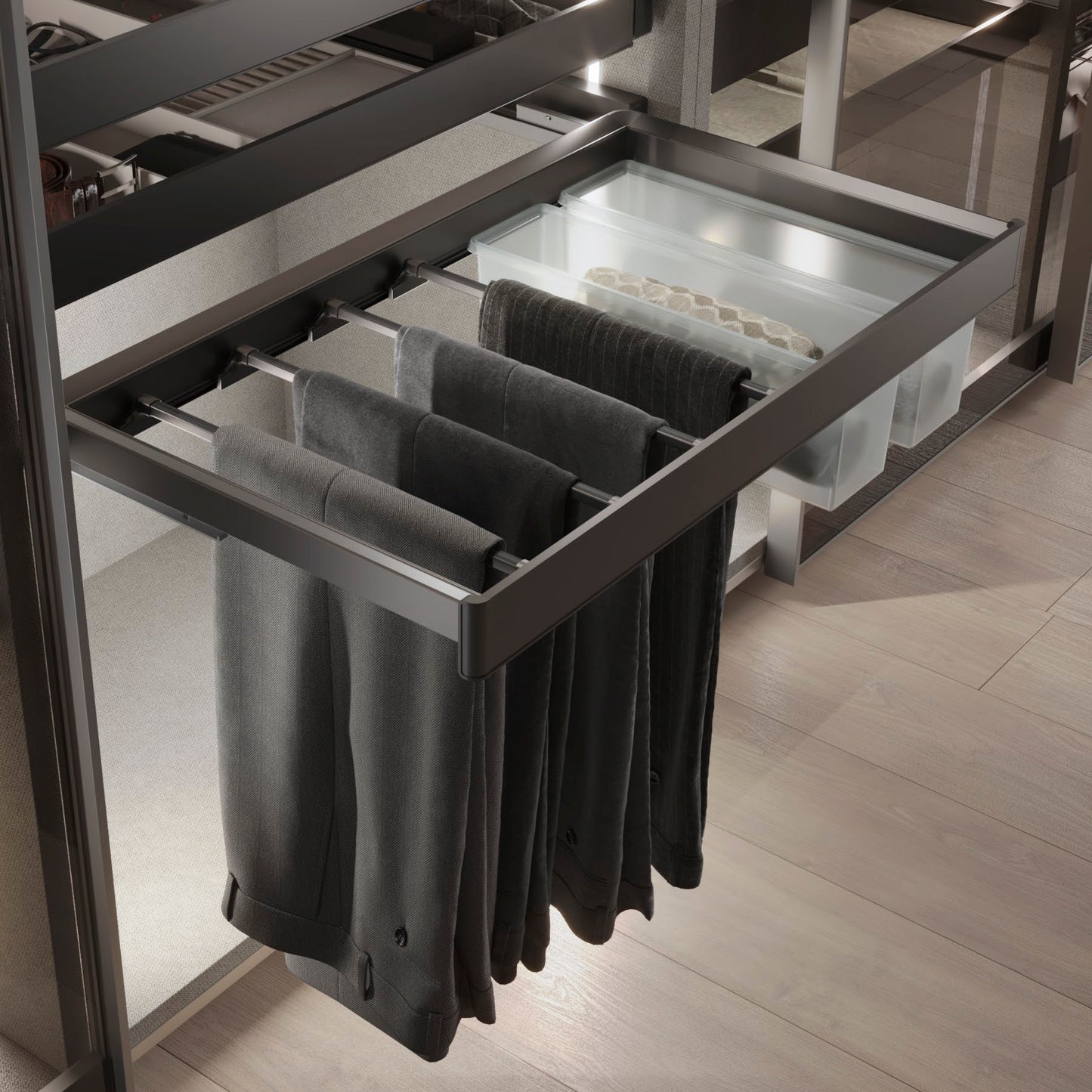 Kit portapantaloni a 7 aste e telaio regolabile Quartz per armadi, chiusura ammortizzata e estrazione totale