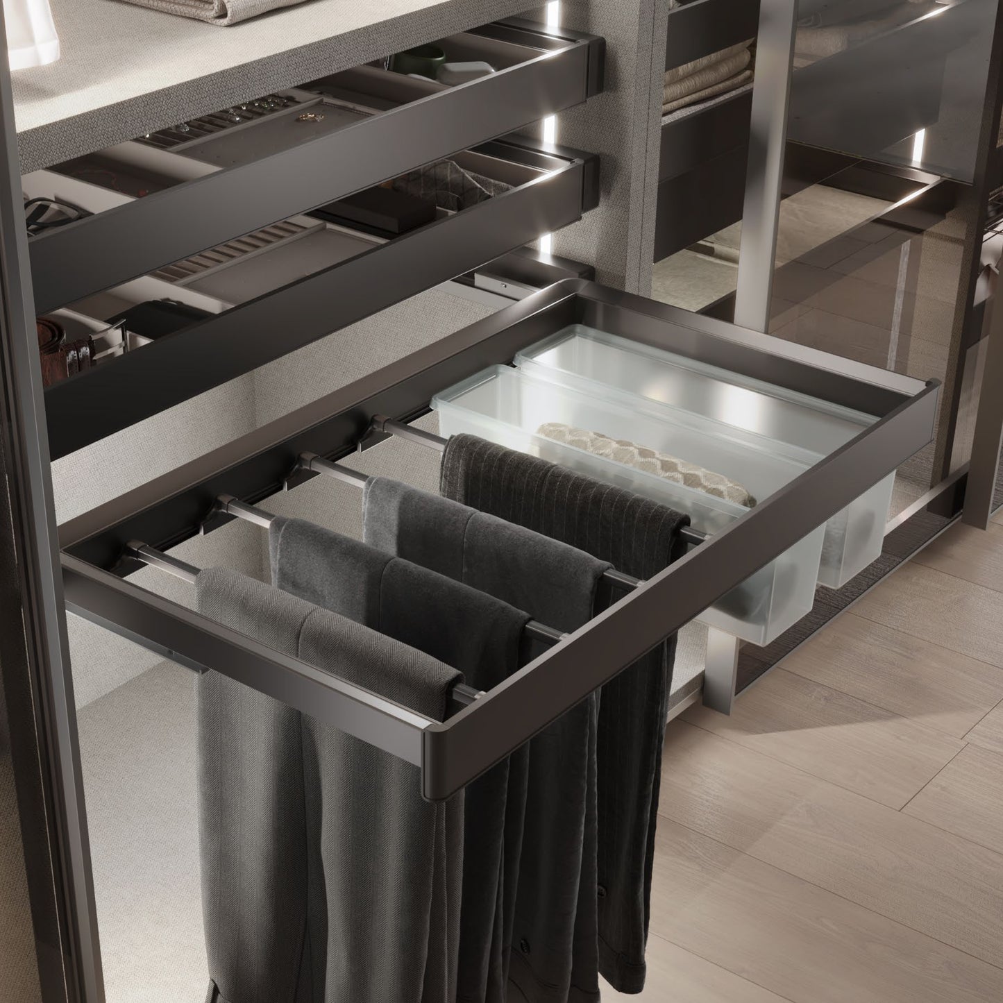 Kit portapantaloni a 7 aste, cestello e telaio regolabile Quartz per armadi, chiusura ammortizzata e estrazione totale