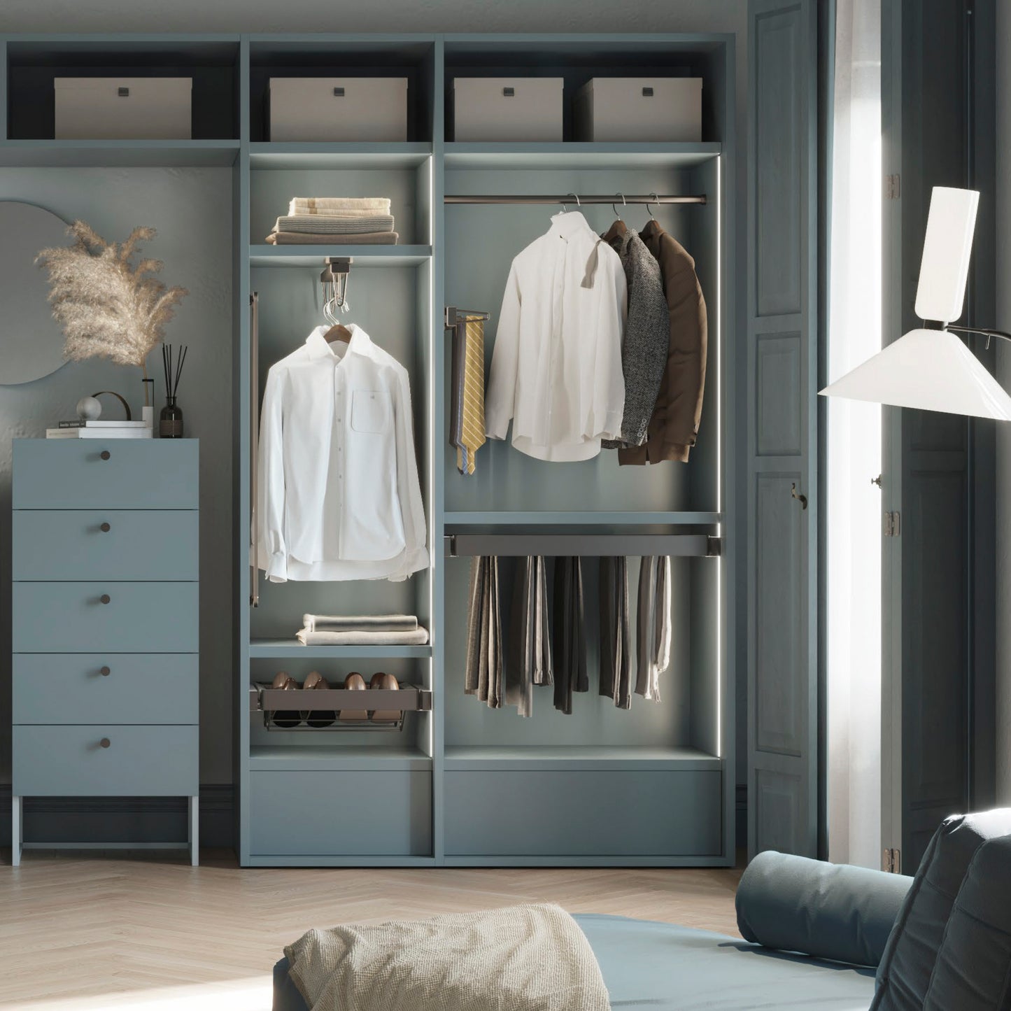 Kit portapantaloni a 7 aste, cestello e telaio regolabile Quartz per armadi, chiusura ammortizzata e estrazione totale