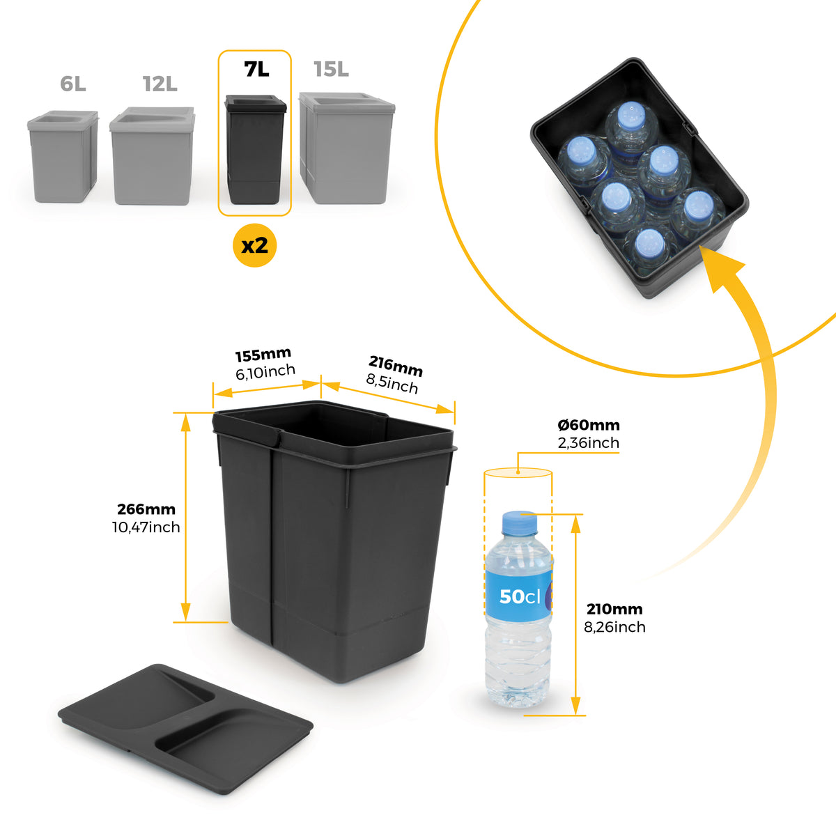Pattumiere per cassetti da cucina Recycle, Altezza 266