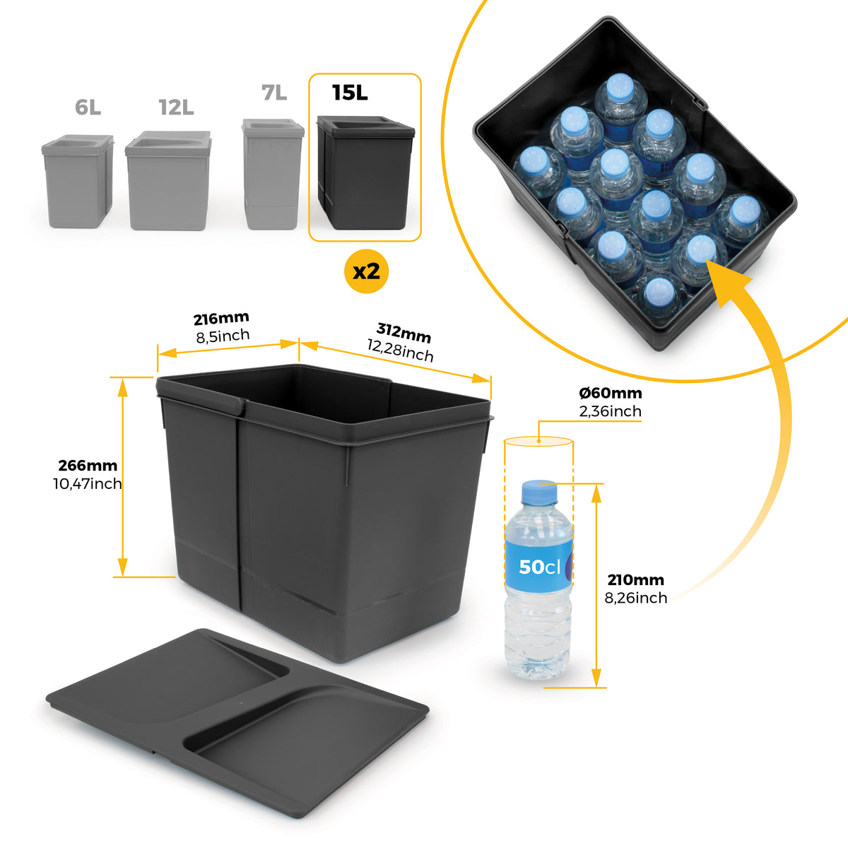 Pattumiere per cassetti da cucina Recycle, Altezza 266