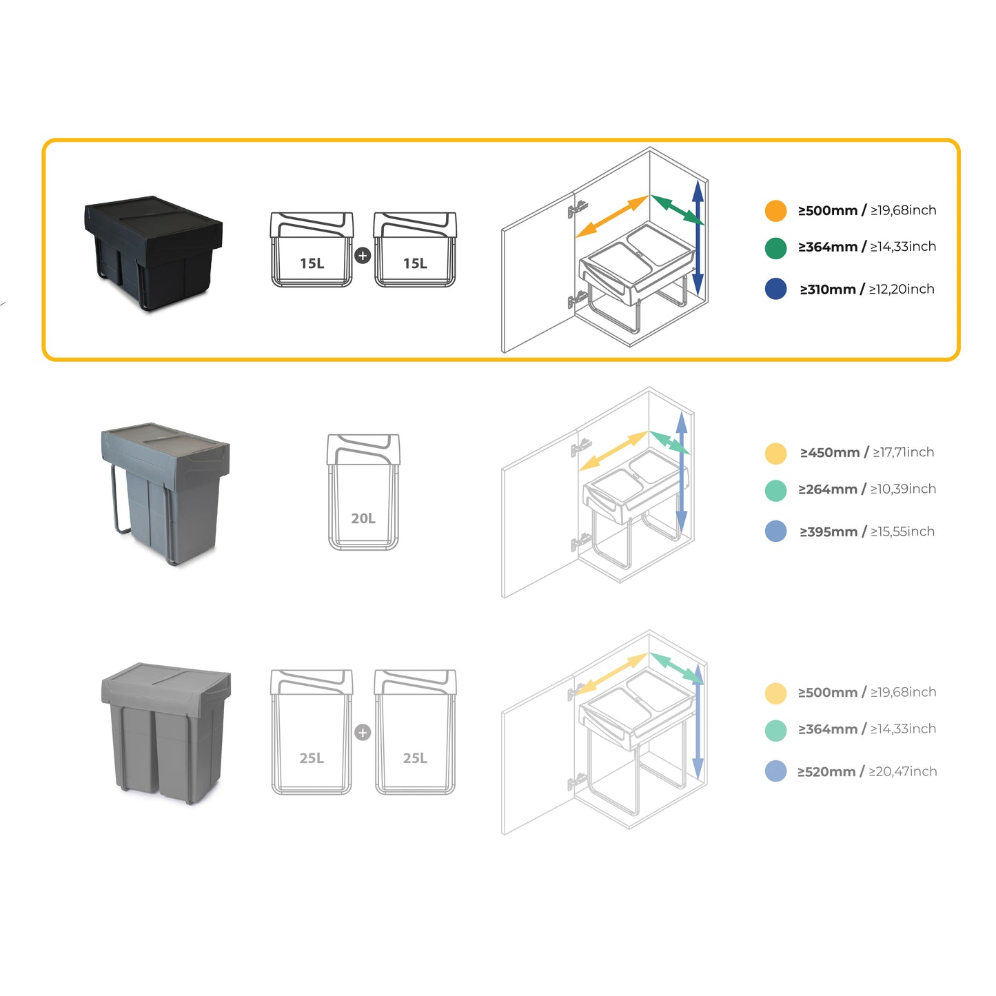 Pattumiere per raccolta differenziata per cucina, 2 x 15 L, fissaggio inferiore ed estrazione manuale