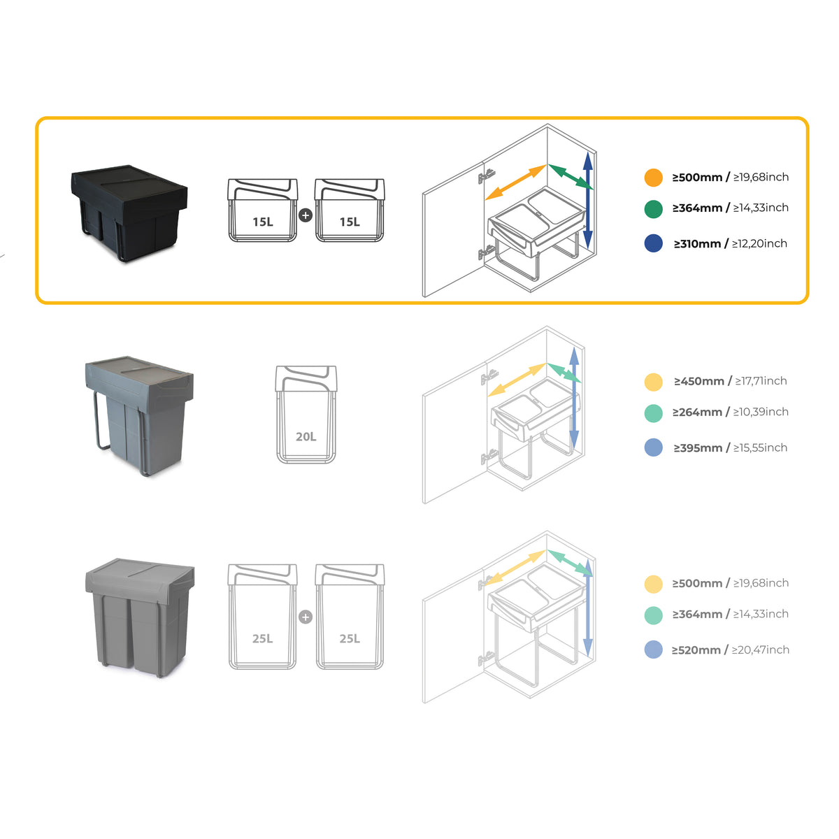 Pattumiere per raccolta differenziata per cucina, 2 x 15 L, fissaggio inferiore ed estrazione manuale