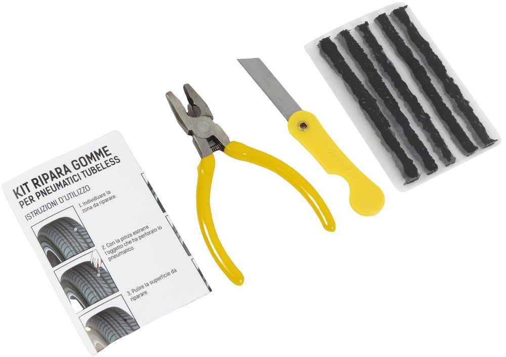 Kit ripara gomme 7 pz. adatto a tutti gli pneumatici tubeless per auto, moto, scooter