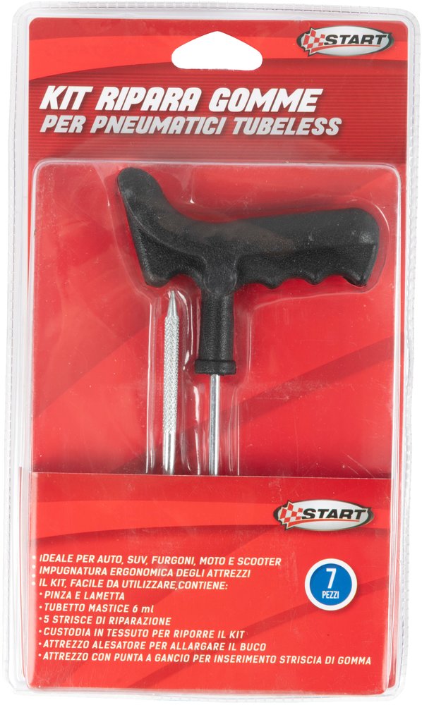Kit ripara gomme 7 pz. adatto a tutti gli pneumatici tubeless per auto, moto, scooter