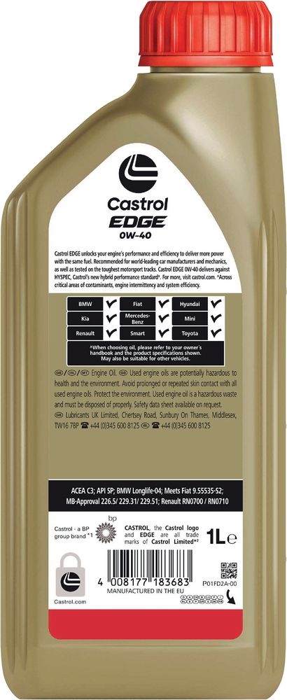 Castrol Edge 0W-40 ACEA C3 API SN 1L Sintetico Olio Motore Lubrificante Auto