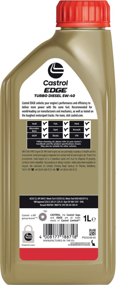 Castrol Edge Turbo 5W-40 1L Sintetico Olio Motore Lubrificante Auto Auto Moto