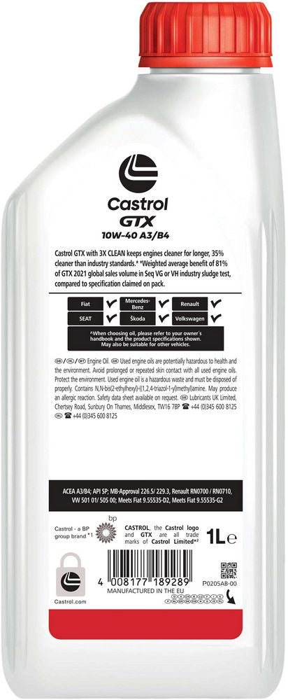 Castrol GTX Ultraclean 10W-40 ACEA A3/B3 API SL 1L Semisintetico Olio Motore