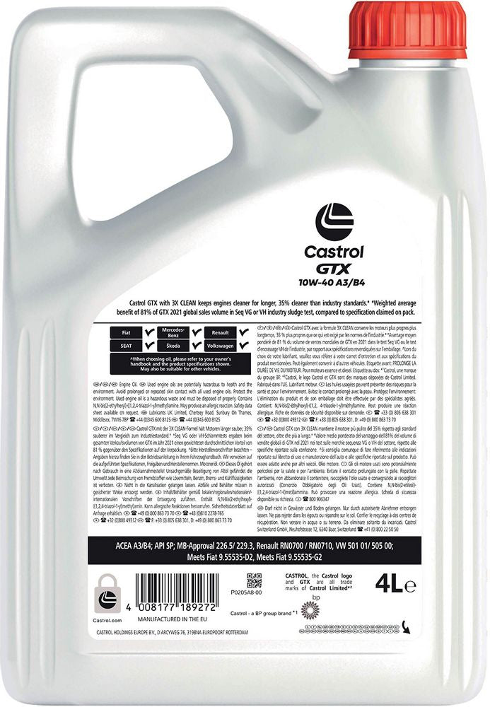 Castrol GTX Ultraclean 10W-40 ACEA A3/B3 API SL 4L Semisintetico Olio Motore