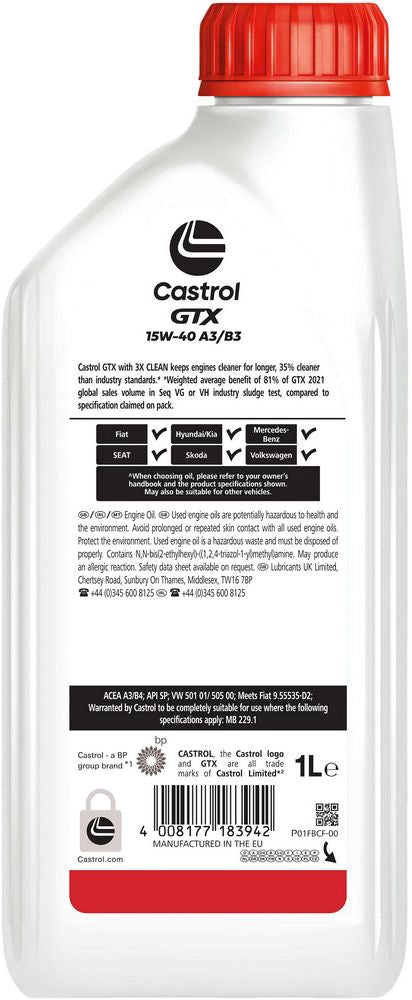 Castrol GTX 15W-40 ACEA A3/B3 API SL 1L Minerale Olio Motore Lubrificante Auto
