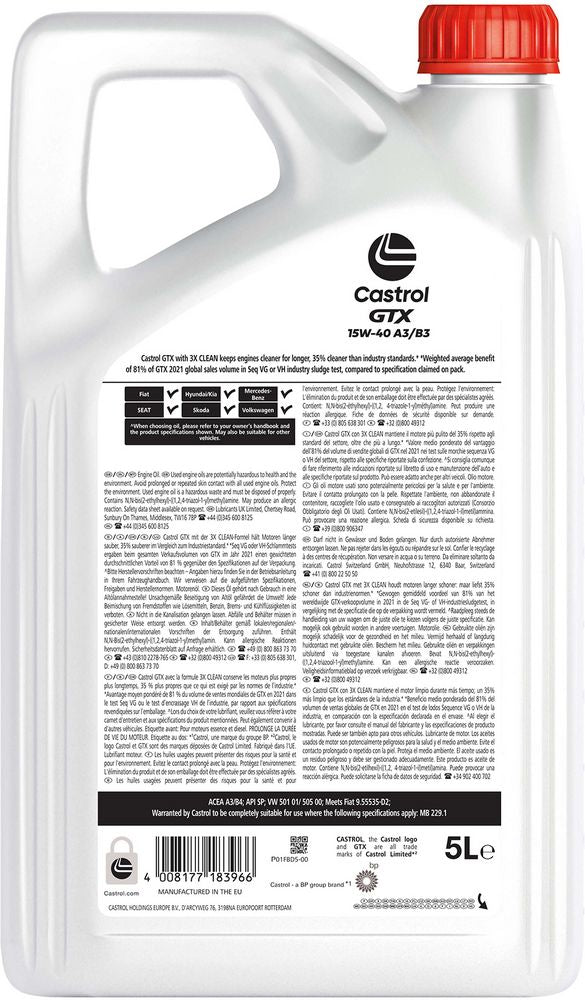 CASTROL OLIO LUBRIFICANTE SINTETICO MOTORE AUTO GTX 15W-40 A3/B3 4L