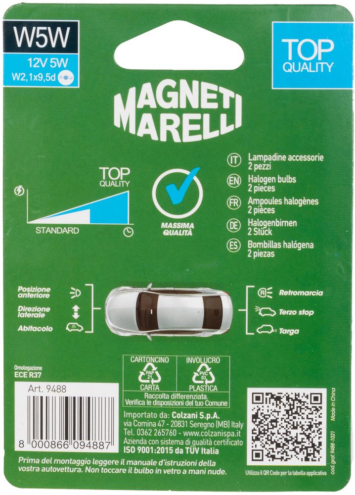 Magneti Marelli W5W coppia lampadine auto vetro 12V 5W attacco W2,1X9,5d