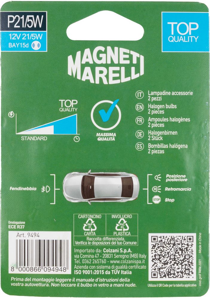 Magneti Marelli P21/5W coppia lampadine auto biluce 12V 21/5W attacco BAY15d