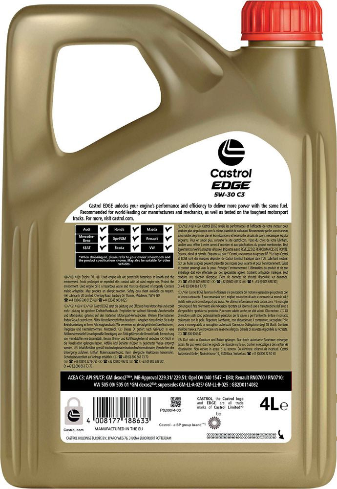 Castrol Edge C3 5W-30 ACEA C3 API SN 4L Sintetico Olio Motore Lubrificante Auto