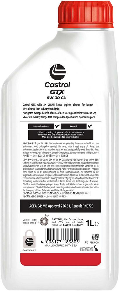 Castrol GTX C4 5W-30 ACEA C4 1L Sintetico Olio Motore Lubrificante Auto