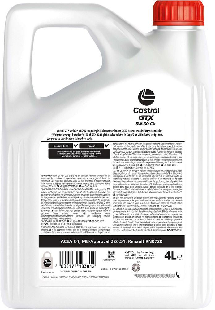 Castrol GTX C4 5W-30 ACEA C4 4L Sintetico Olio Motore Lubrificante Auto