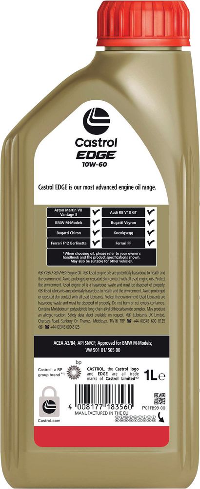 Castrol Edge 10W-60 ACEA A3/B4 API SN 1L Sintetico Olio Motore Lubrificante Auto