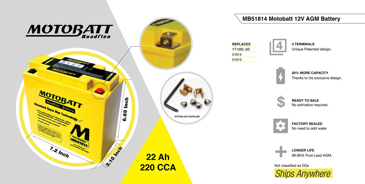 Batteria Motobatt Mb51814 12V 20Ah AGM 186x82x171 mm Precaricata Sigillata