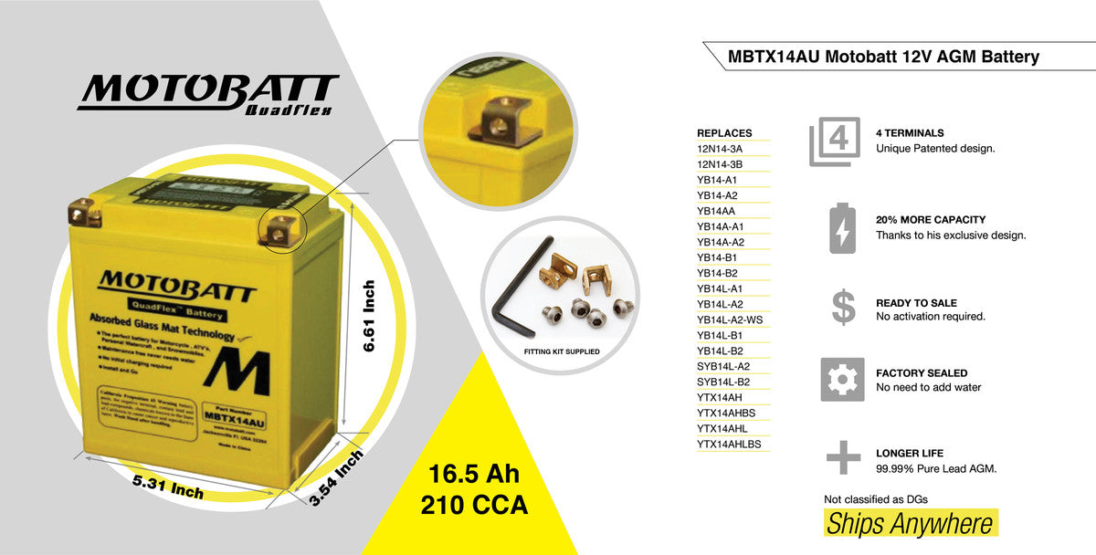 MotoBatt MBTX14AU 12V 16,5Ah  Batteria AGM Sigillata e Pronta allUso