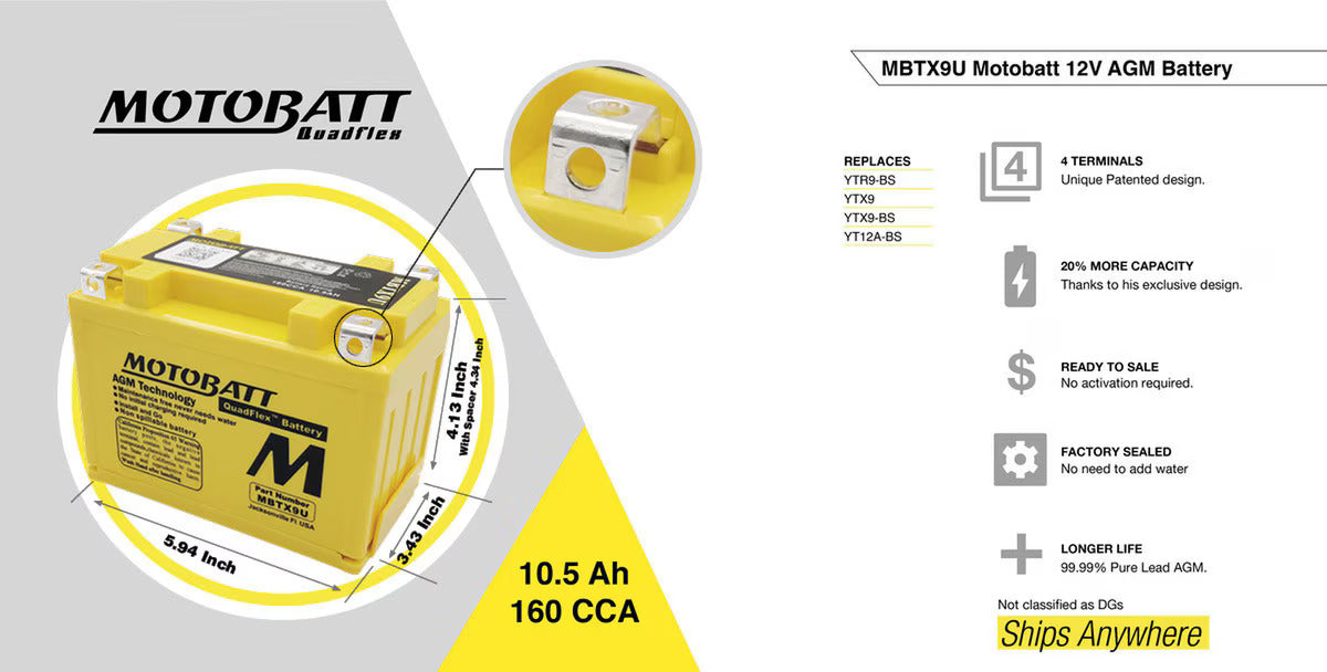 Batteria MotoBatt MBTX9U YTX9 12V 10,5Ah AGM Precaricata Sigillata 151x87x105mm Senza Manutenzione