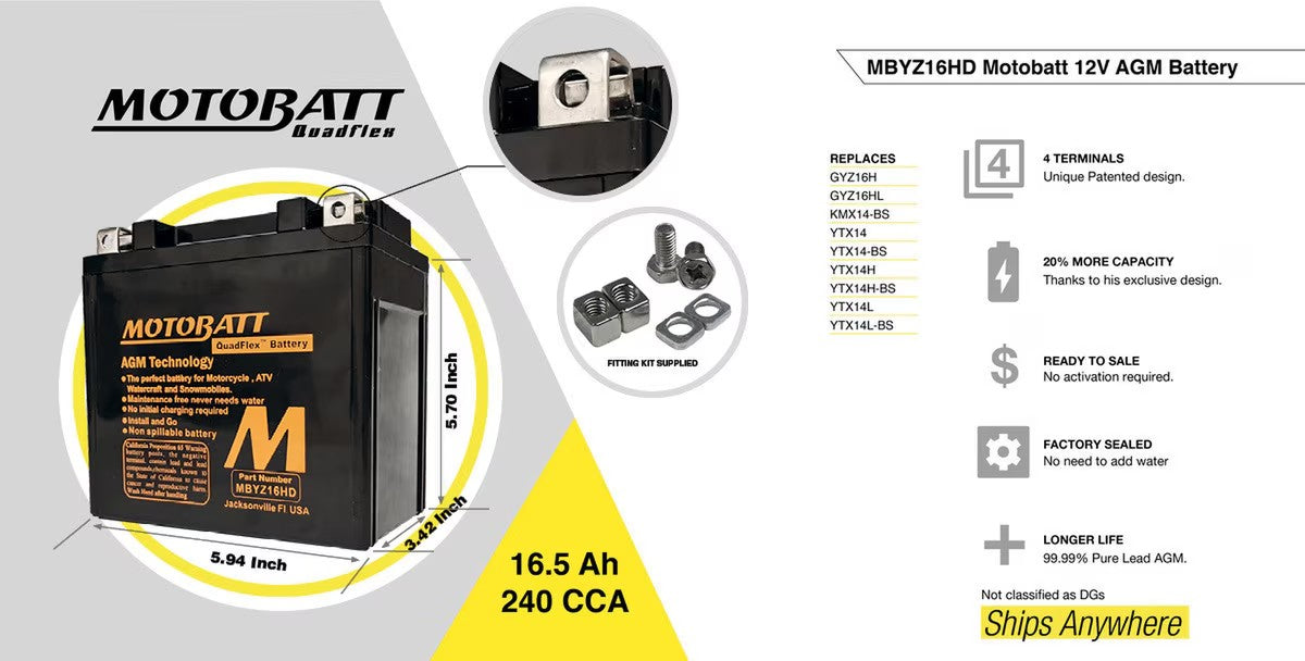 Batteria MotoBatt MBYZ16HD 12V 16,5Ah  Precaricata e sigillata