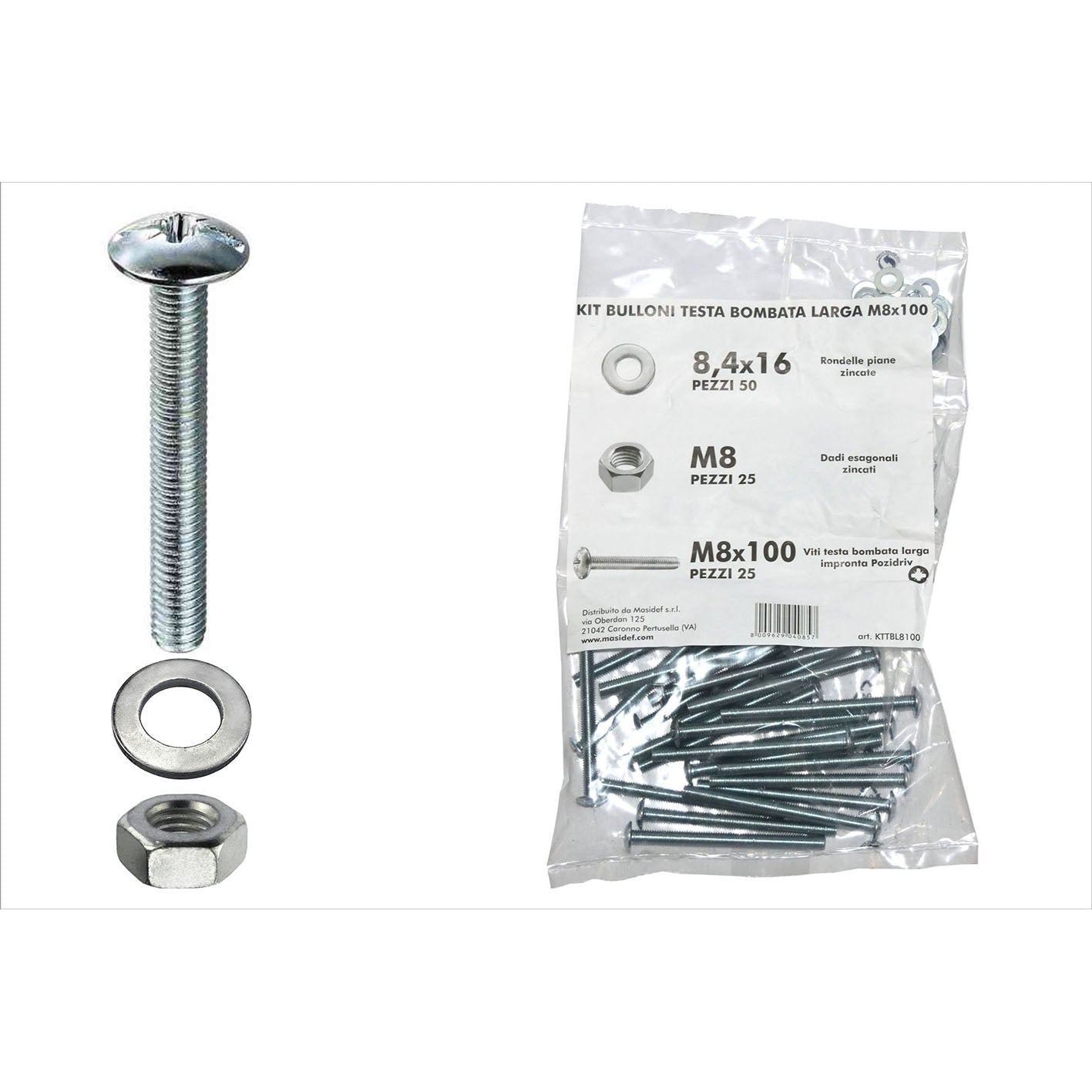 Kit viti testa bombata larga  8 x 100 + dadi + rondelle - 100 pz.