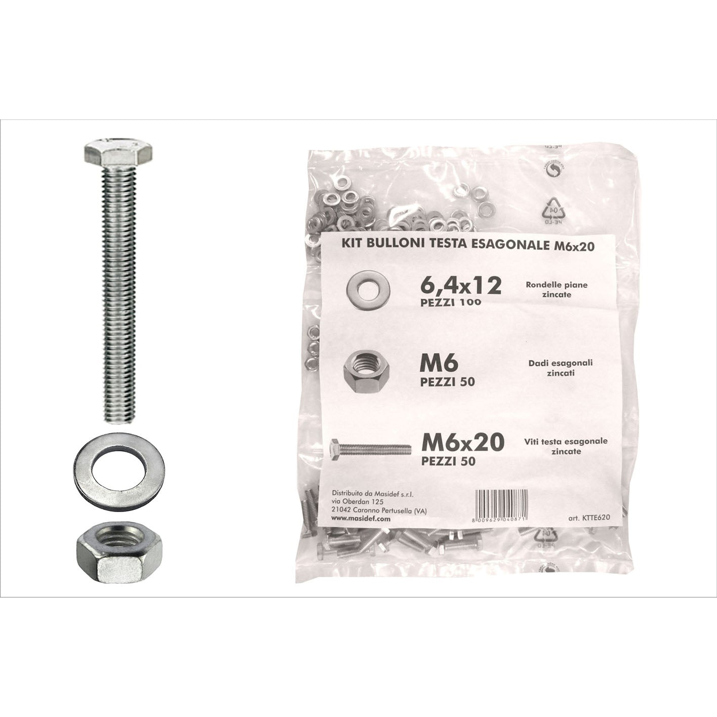 Kit viti testa esagonale M6 x 20 + dadi + rondelle - 200 pz.