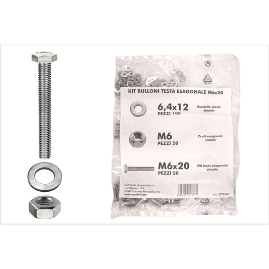 Kit viti testa esagonale M6 x 20 + dadi + rondelle - 200 pz.
