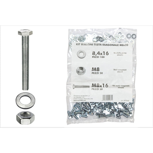 Kit viti testa esagonale M8 x 16 + dadi + rondelle - 200 pz.