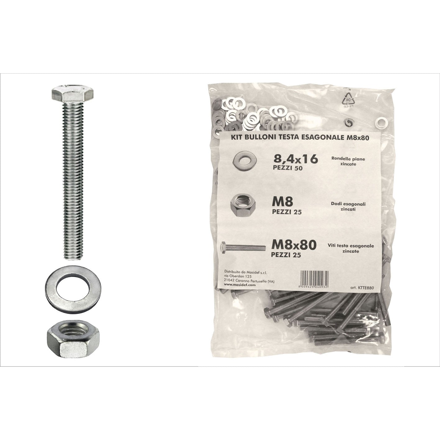 Kit viti testa esagonale M8 x 80 + dadi + rondelle - 100 pz.