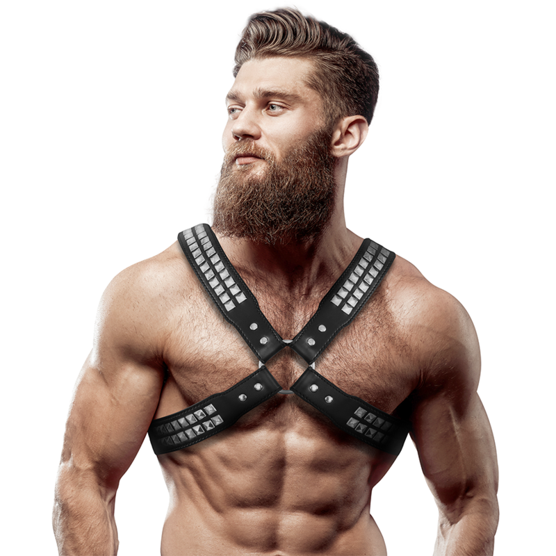 FETISH SUBMISSIVE ATTITUDE - IMBRACATURA IN ECOPELLE CON PETTO INCROCIATO DA UOMO CON RIVETTI