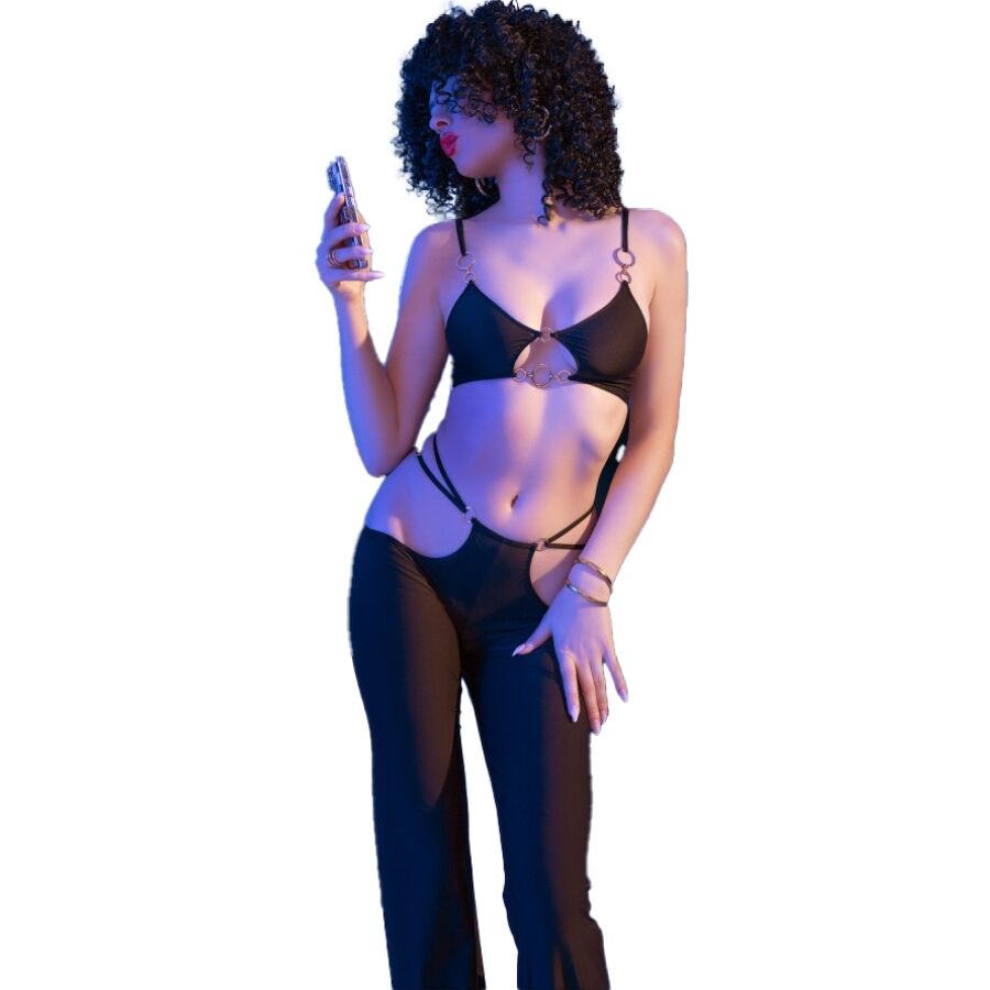 CHILIROSE - CR 4851 SET TOP E LEGGINGS NERI CON ACCESSORI DORATI M