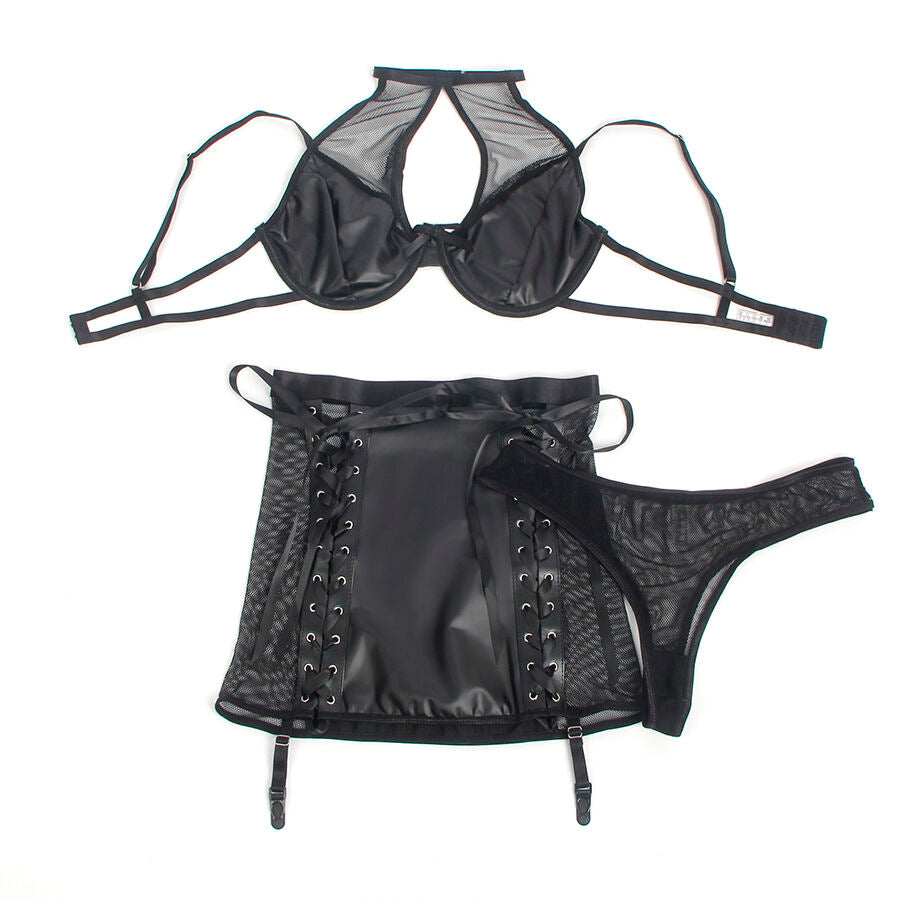 SUBBLIME - 957599 SET REGGISENO E GONNA IN PELLE NERO L/XL