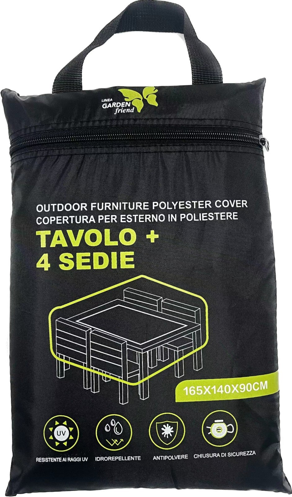 Copertura protettiva di colore nero per tavolo e quattro sedie in 210D Oxford PU Misure: 165x140x90 cm Resistente all'acqua, alla polvere e ai raggi UV