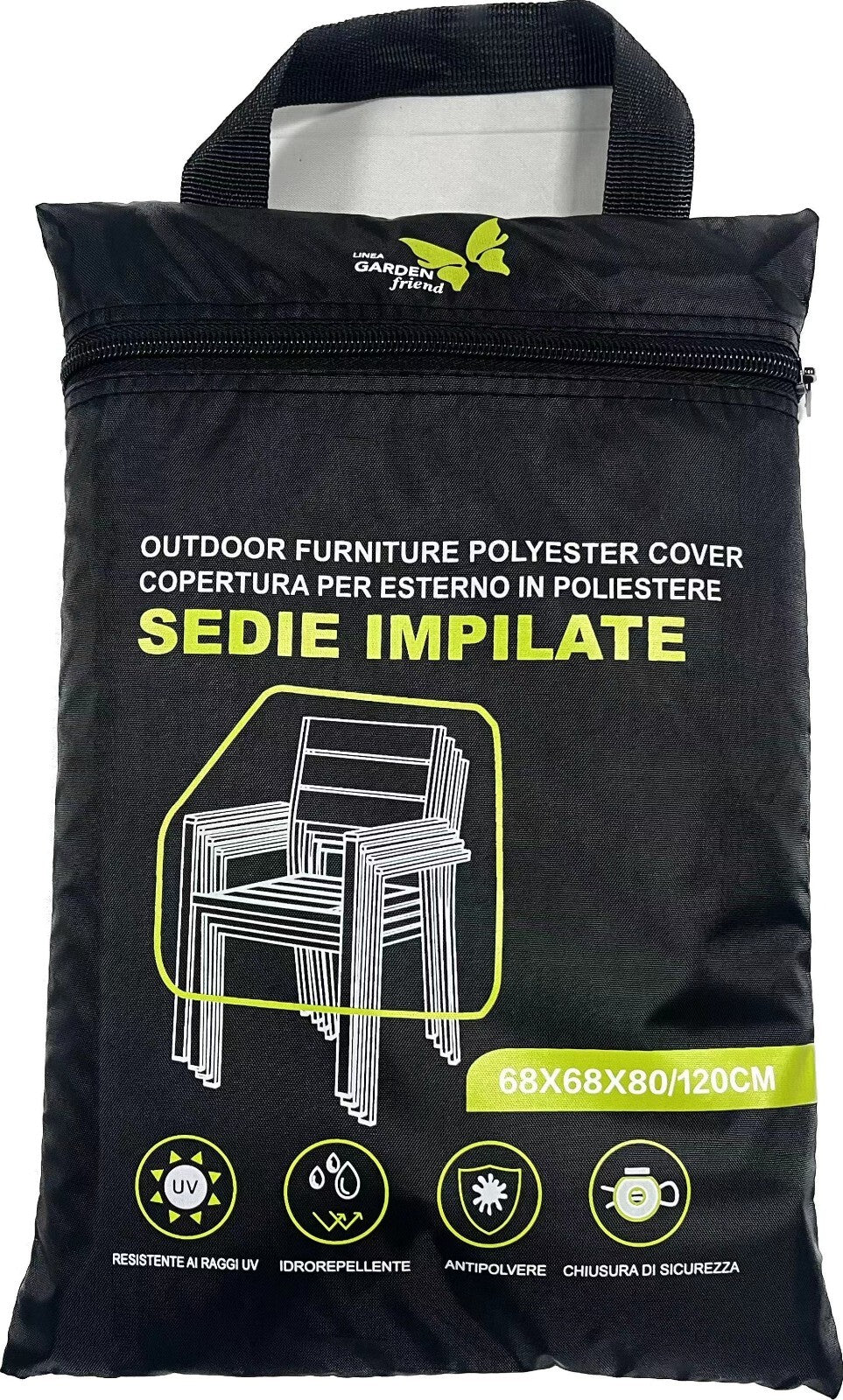 Copertura protettiva di colore nero per sedie impilate in 210D Oxford PU Misure: 68x68x80/120 cm Resistente all'acqua, alla polvere e ai raggi UV