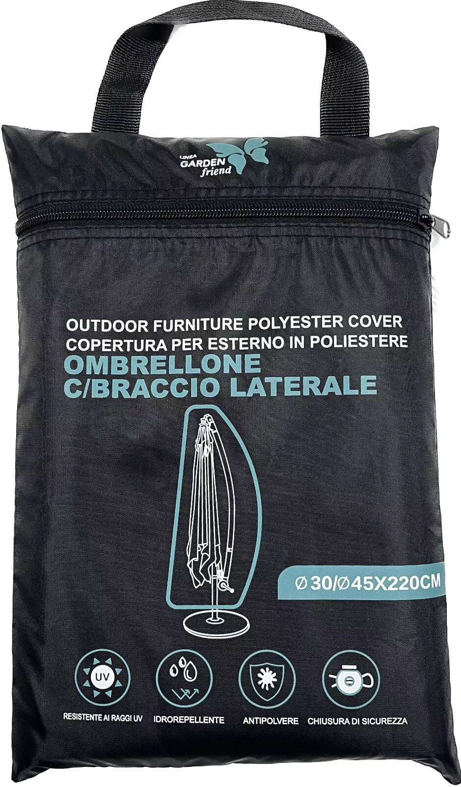Copertura protettiva di colore nero per ombrellone c/braccio laterale in 210D Oxford PU Misure: 30/45X220H cm Resistente all'acqua, alla polvere e ai raggi UV