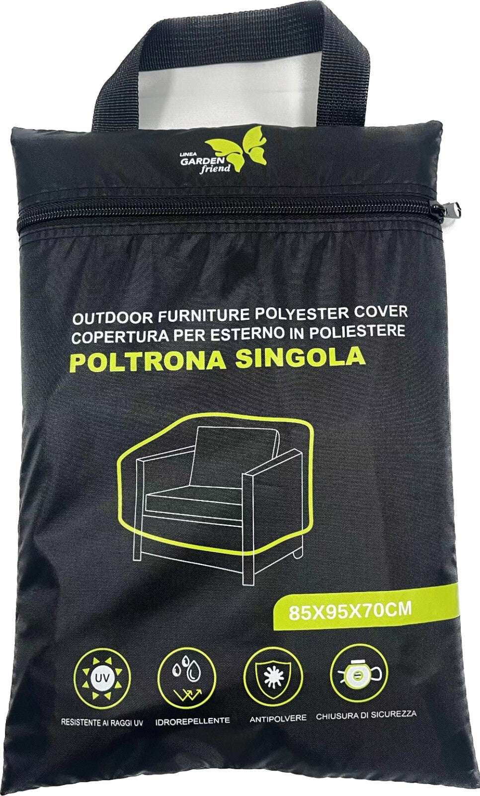 Copertura protettiva di colore nero per sedia singola in 210D Oxford PU Misure 85x95x70 cm Resistente all'acqua, alla povere e ai raggi UV